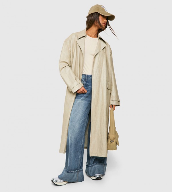 Vintage Look Faux Leather Trench Coat