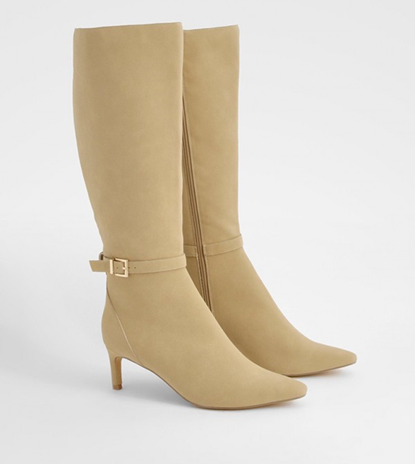 Low Heel Buckle Detail Pointed Knee High Boots