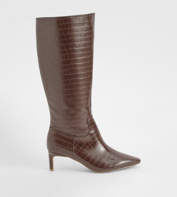 Wide Fit Croc Knee High Low Heeled Boots