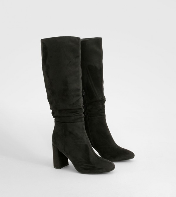 Wide Fit Ruched Heeled Knee High Boots