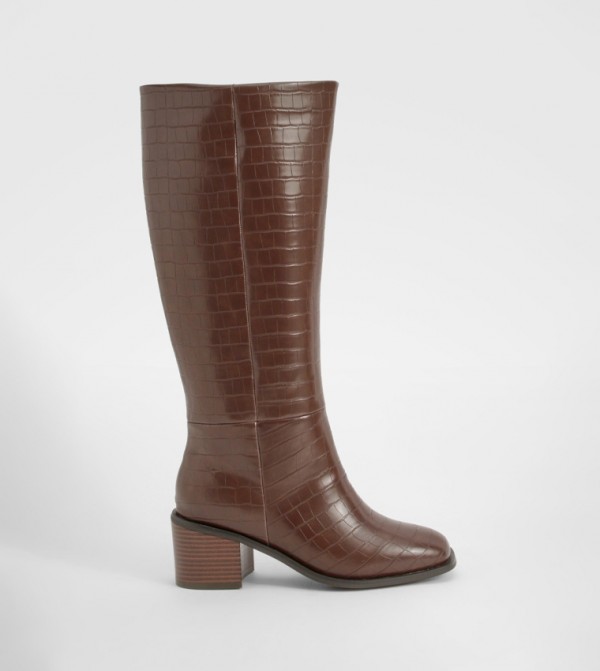 Wide Fit Croc Wide Shaft Block Knee High Boots