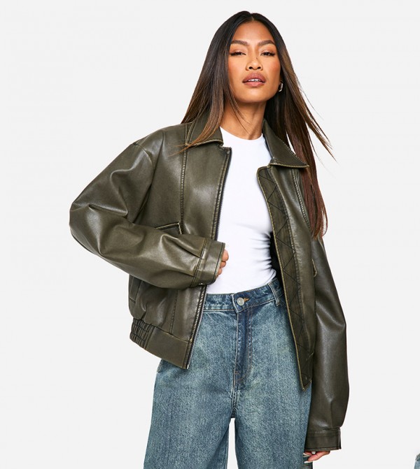 Vintage Look Faux Leather Bomber Jacket