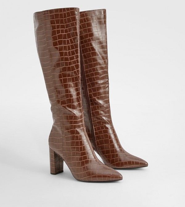 Pointed Toe Croc Textured Knee High Boots