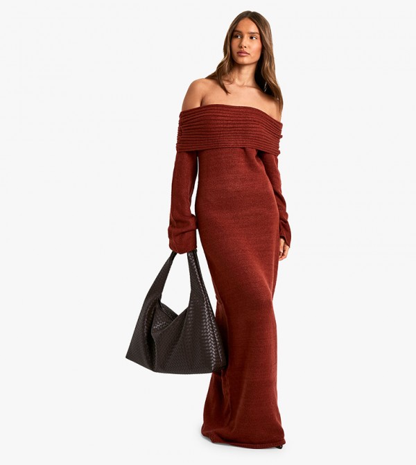 Premium Rib Bardot Neckline Soft Knit Jumper Dress