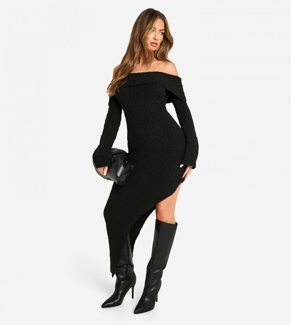 Soft Cable Asymmetric Hem Bardot Maxi Dress