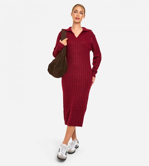 Soft Knit Thick Rib Collar Detail Midi Dress