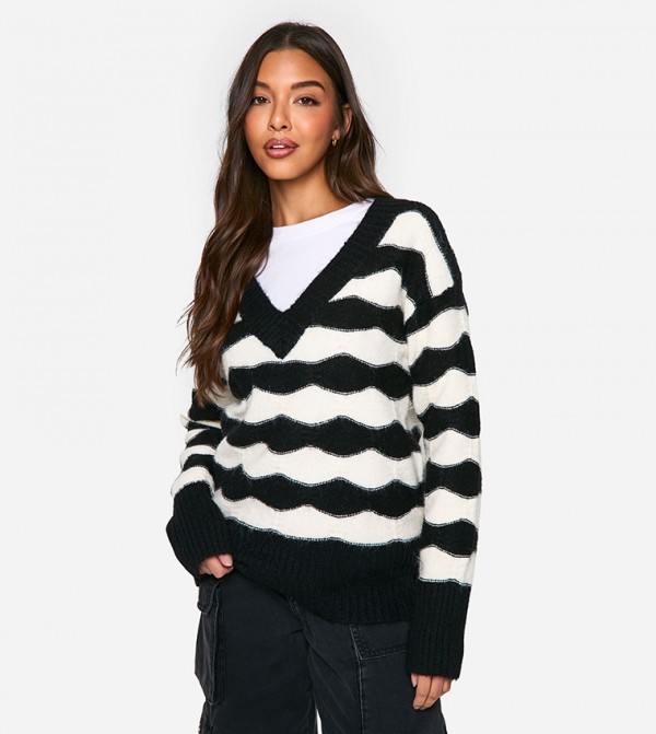 Striped V-Neck Oversized Sweater