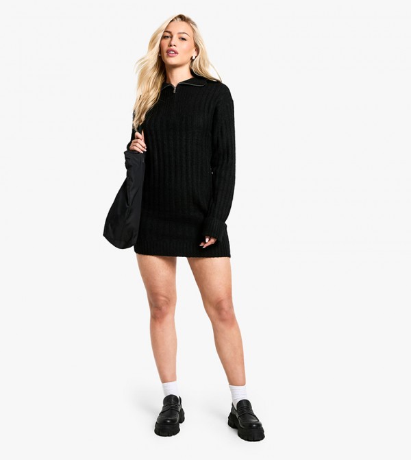 Soft Knit Ribbed Zipper Neck Oversized Mini Dress