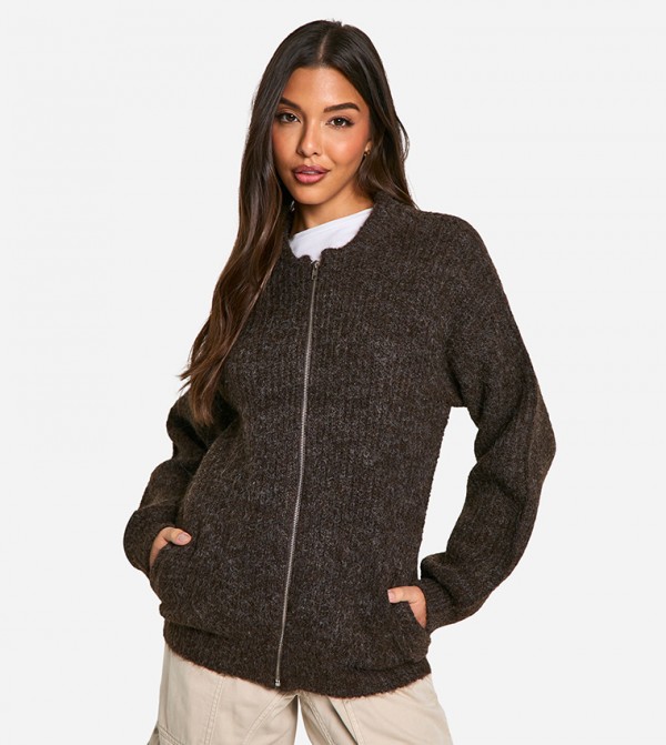 Zip Through Knitted Oversized Bomber Jacket