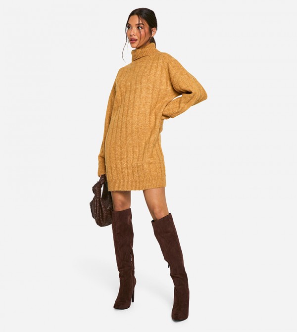 Wide Soft Ribbed Roll Neck Jumper Dress