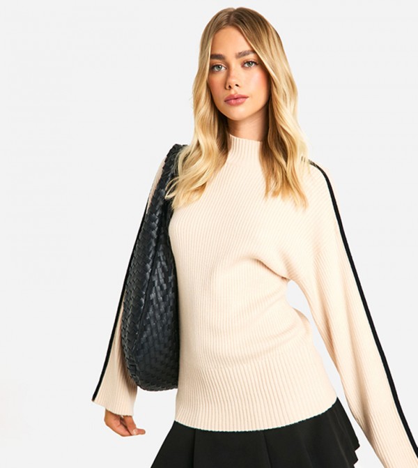Knitted Blanket Stitch Detail Crew Neck Oversized Sweater