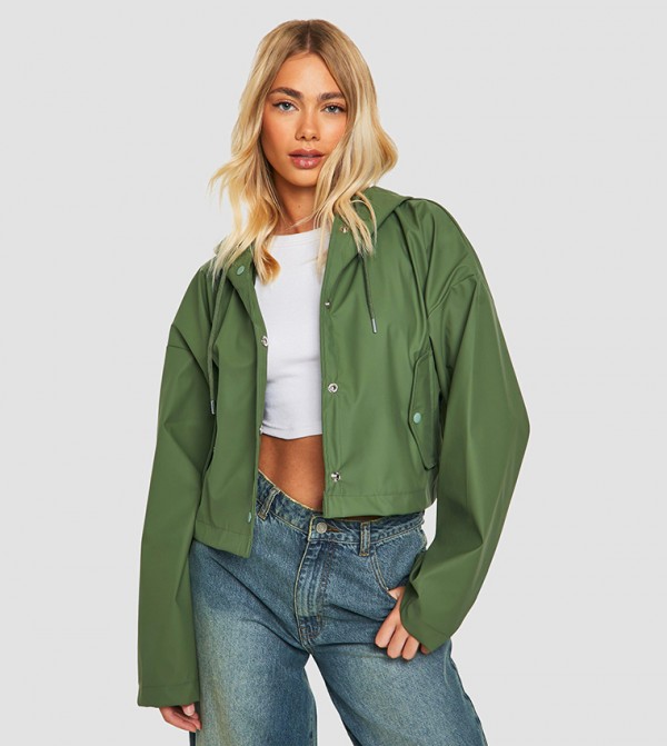 Snap Button Closure Crop Hooded Jacket