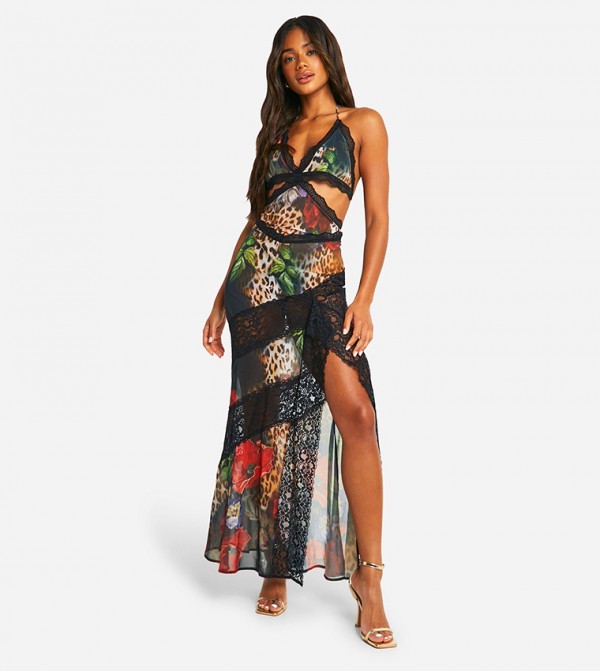 Chiffon Lace Cut Out Printed Maxi Dress