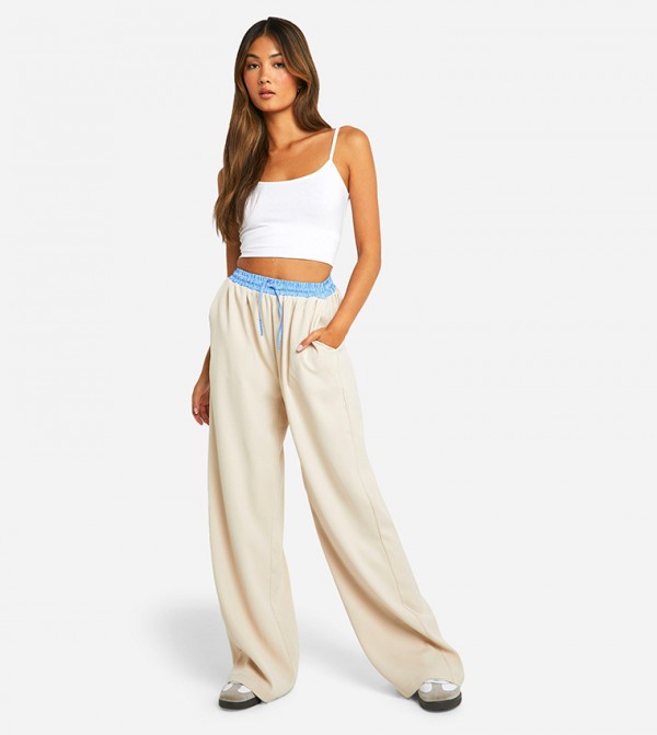Contrast Waistband Wide Leg Trousers