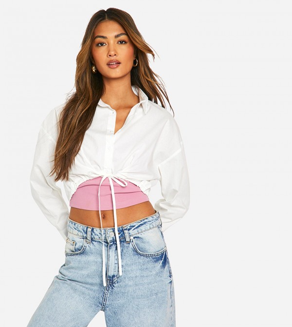 Cropped Ruched Hem Shirt and Contrast Rib Vest Set