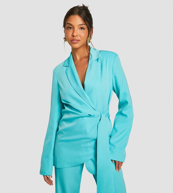 Tie-Waist Lapel Collar Wrap Blazer