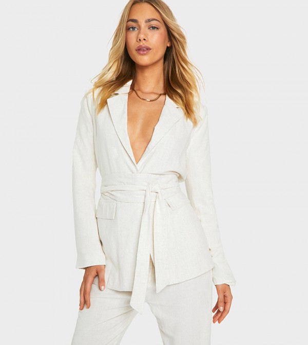 Linen Look Obi Tie Waist Tailored Blazer