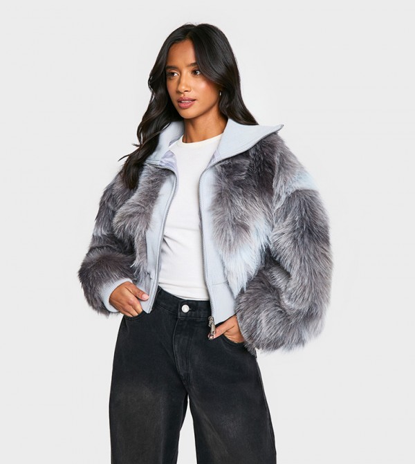 Petite Rib Detail Faux Fur Cropped Jacket