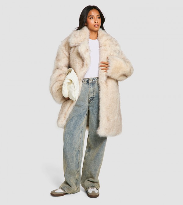 Petite Vintage Look Faux Fur Long Coat