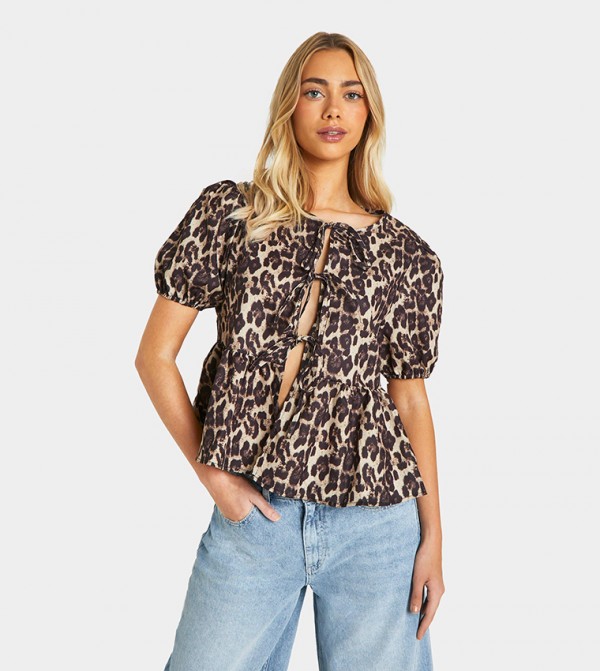 Leopard Print Puff Sleeves Bow Tie Top