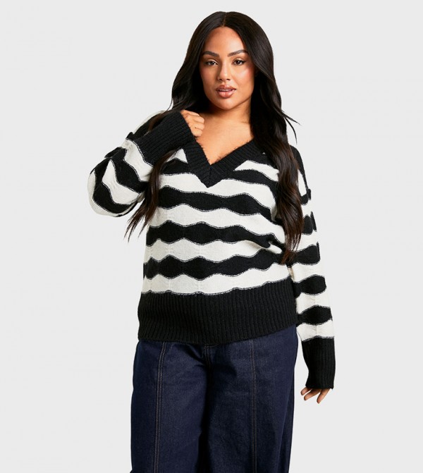 V Neck Strip Oversized Knitted Sweater