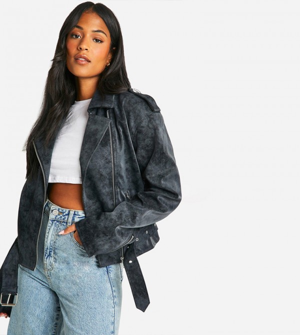 Tall Vintage Look Faux Leather Biker Jacket