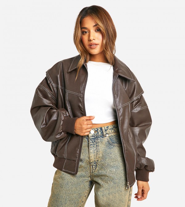 Petite Pu Contrast Stitch Oversized Bomber Jacket