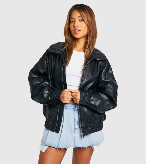 Petite PU Seam Detail Oversized Bomber Jacket