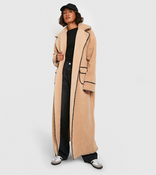 Tall Longline Blanket Stitch Sherpa Coat