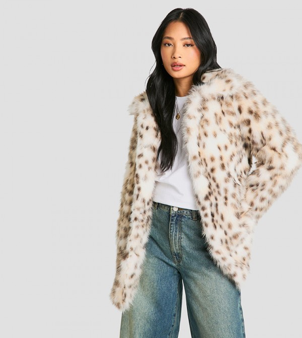 Petite Snow Leopard Faux Fur Coat