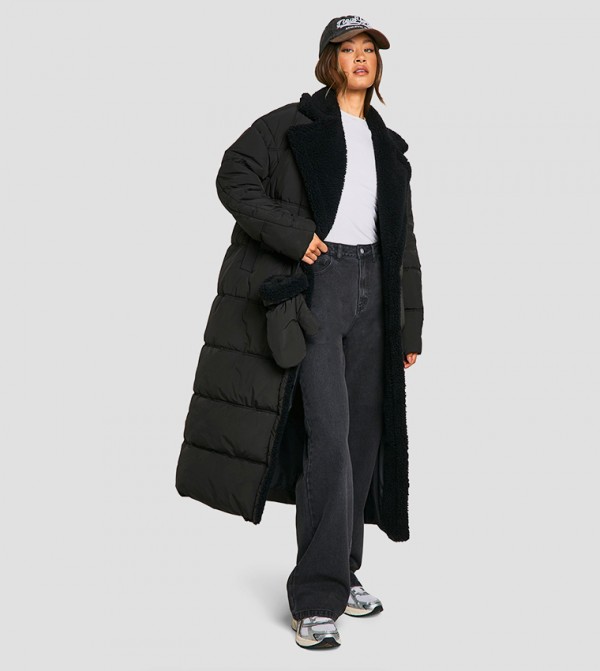 Tall Teddy Trim Puffer Coat with Teddy Mittens