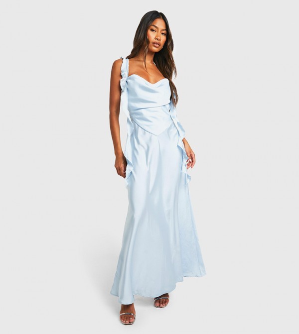 Satin Frill Strap Maxi Dress