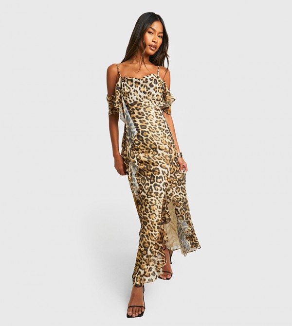 Leopard Print Ruffle Chiffon Maxi Dress