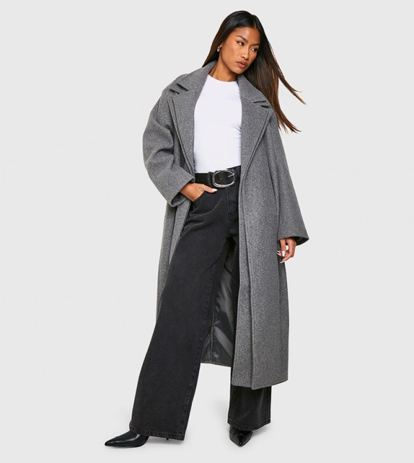 Double Collar Detail Wool Longline Coat