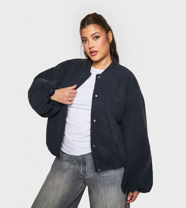 Curve Balloon Sleeves Wool Look Bomber Jacket