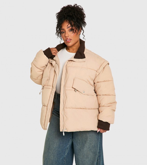 Curve Contrast Collar Oversized Puffer Jacket