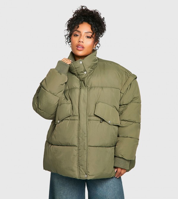 Curve Contrast Collar Oversized Puffer Jacket