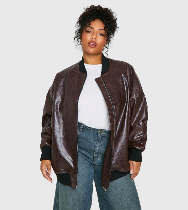 Curve Cracked Faux Leather Oversized Bomber Jacket