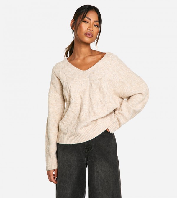 V-Neck Soft Knit Cable Sweater