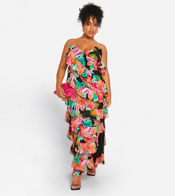 Curve Printed Ruffle Strap Maxi Dress