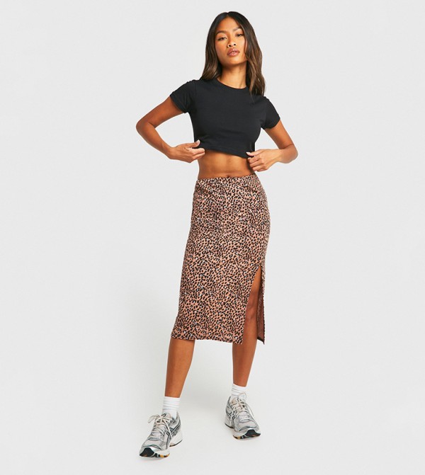 Leopard Print Side Split Midi Skirt