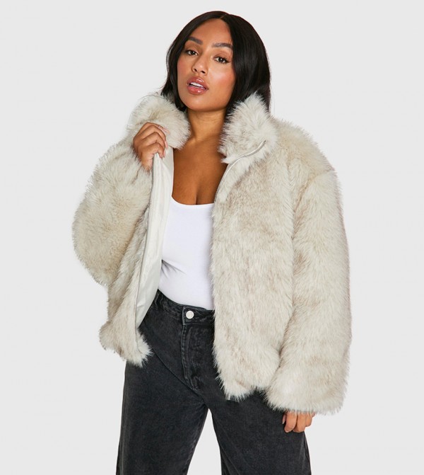 Curve Vintage Look Faux Fur High Neck Jacket