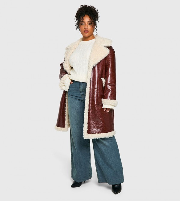 Curve Faux Leather Teddy Trim Longline Coat