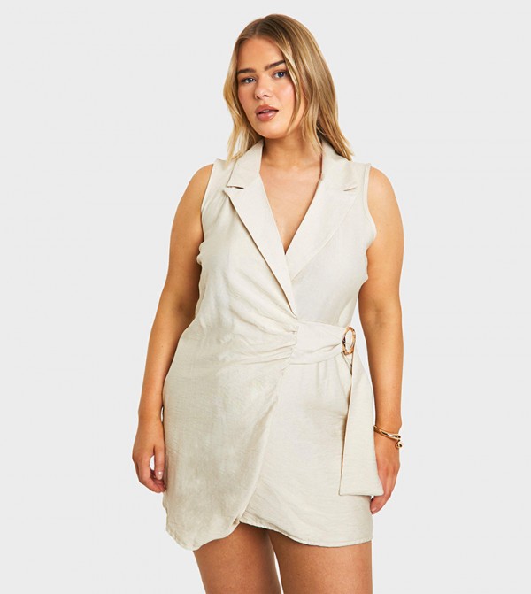 Curve Tie Side Linen Look Blazer Dress
