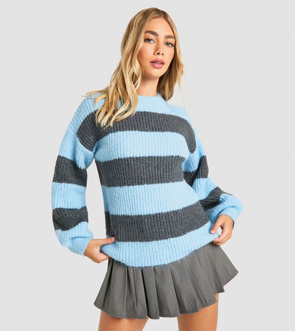 Knitted Oversized Crew Neck Stripe Sweater