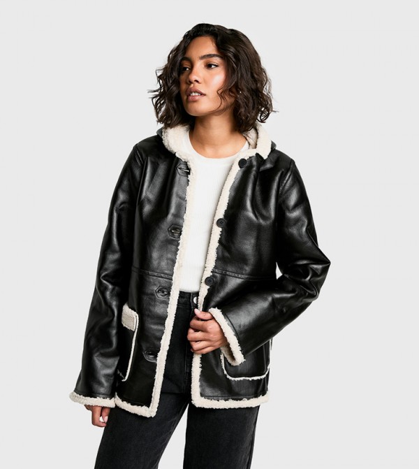 Tall Borg Lined Faux Leather Hooded Coat