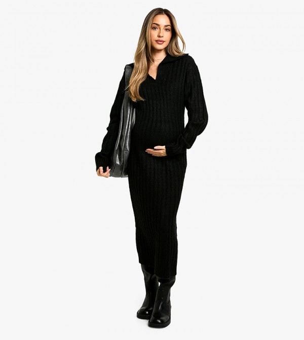 Maternity Soft Knit Thick Rib Collar Detail Maxi Dress