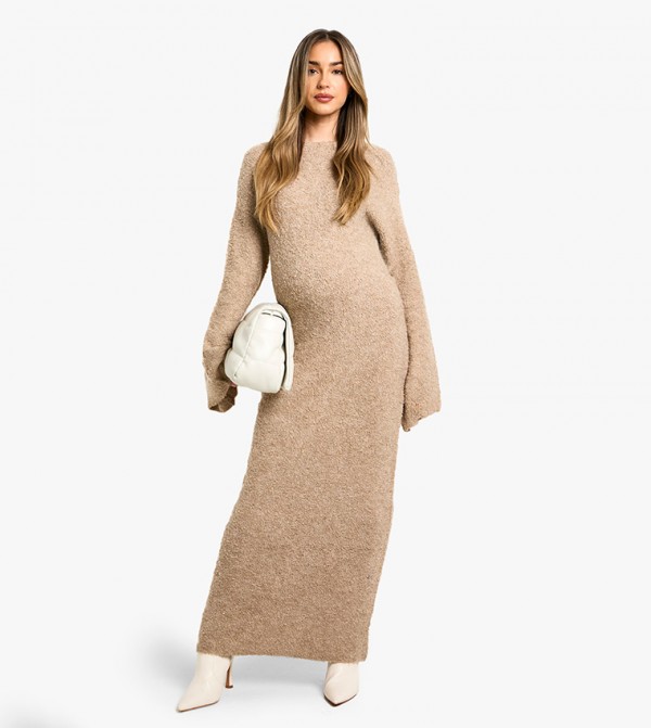 Maternity Borg Flared Sleeves Knitted Maxi Dress
