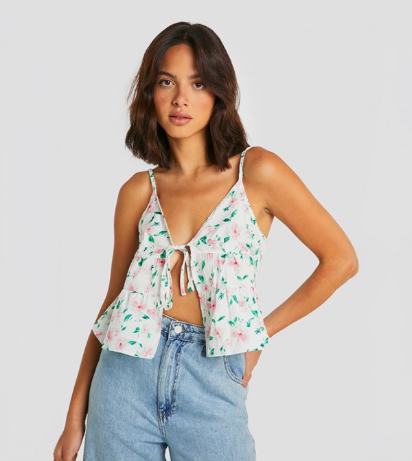 Floral Print Tie Front Cami Crop Top