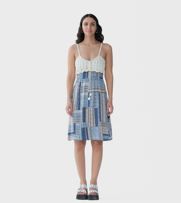Printed Crochet Detail Midi Dress